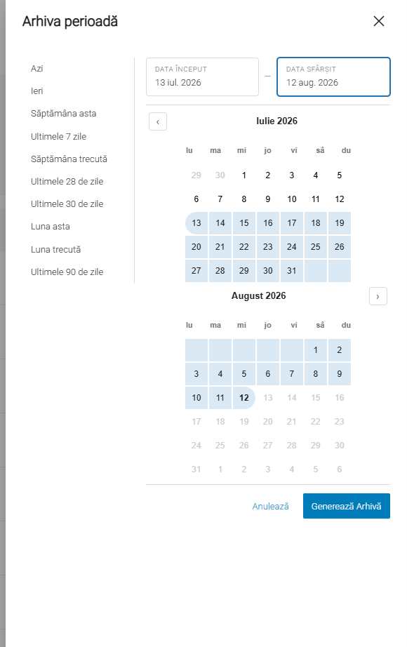Fereastra „Arhiva perioadă”, cu selectorul de interval