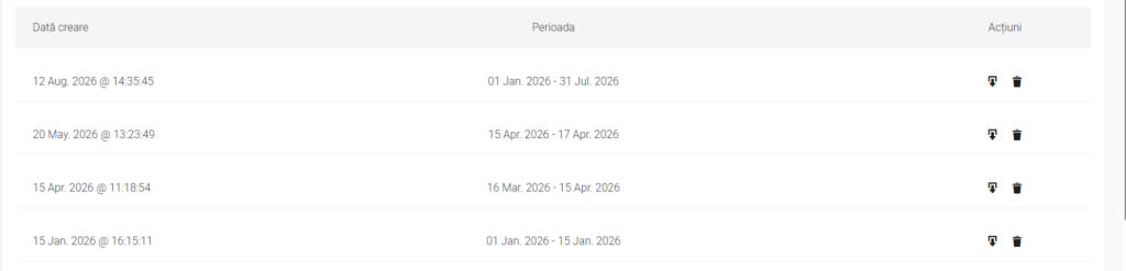 Lista arhivelor generate, cu pictogramele de descărcare și ștergere