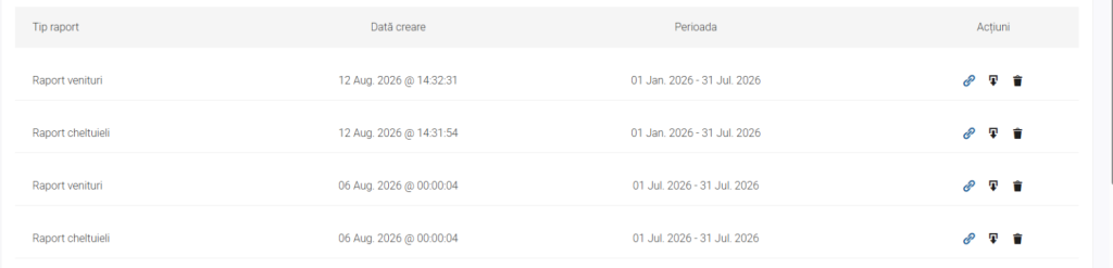 Lista rapoartelor generate, cu pictogramele de link, descărcare și ștergere