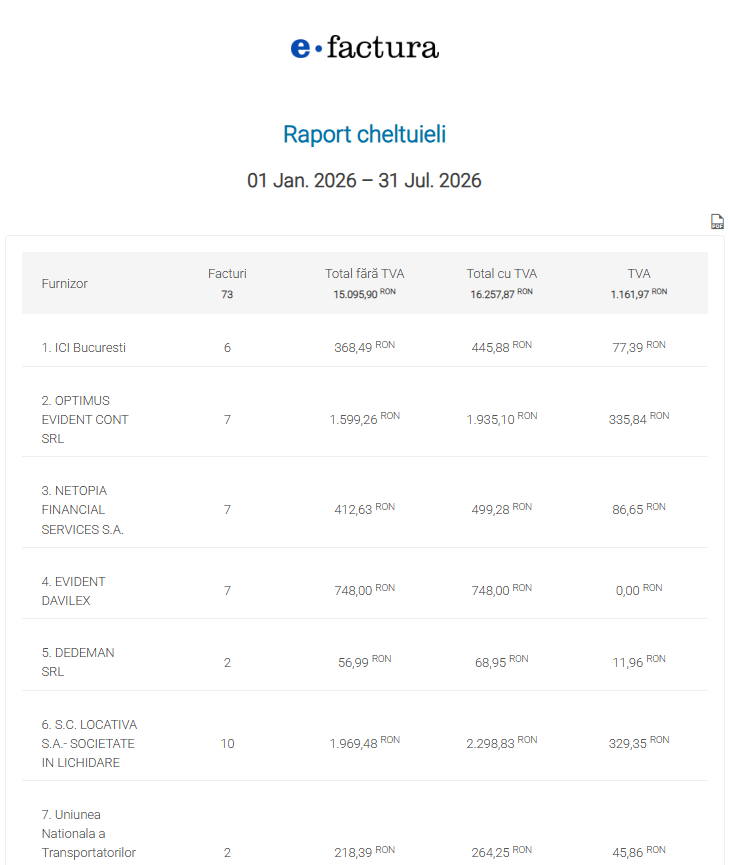 Raport de cheltuieli generat, cu totalurile pe perioadă sub titlurile coloanelor