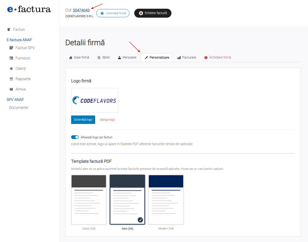 Tab-ul Personalizare din pagina Detalii firmă, cu logo-ul firmei și modelele de factură PDF
