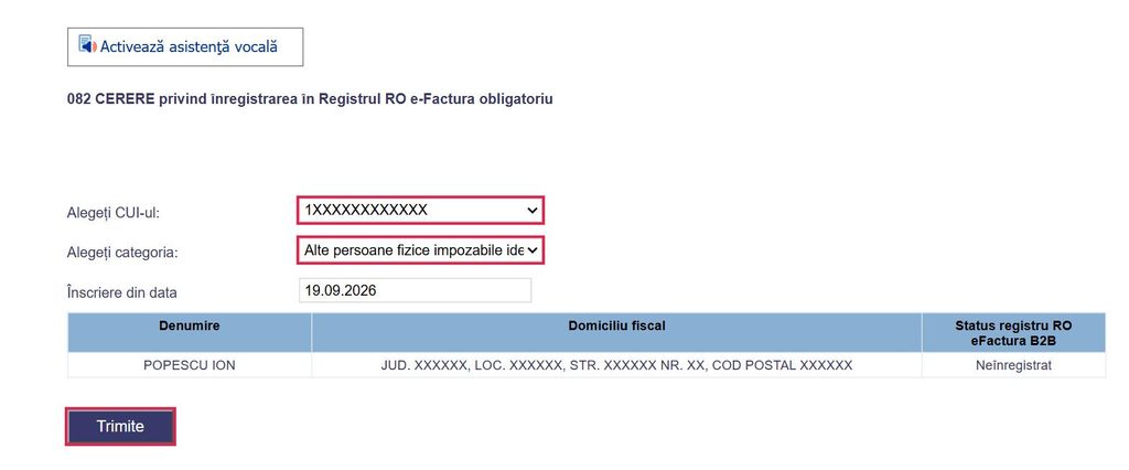 Formularul 082 din SPV ANAF – Registrul RO e-Factura obligatoriu, cu CNP-ul selectat (date anonimizate)