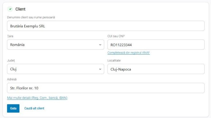 Datele clientului completate manual în ecranul Emitere factură