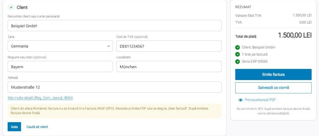 Client din Germania: cod de TVA, regiune și avertismentul pentru clienții din afara României