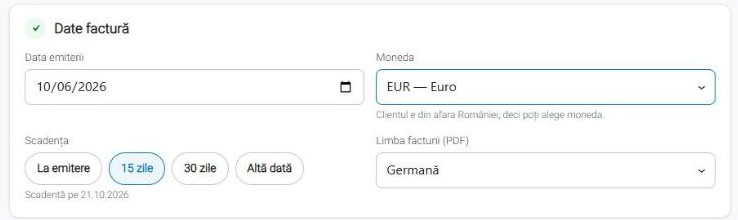 Date factură pentru un client străin: moneda și limba PDF-ului